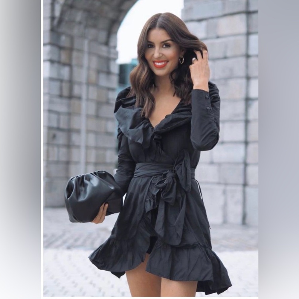 Sandra Mansour H&M Black Ruffled Dress Wrap Bow L